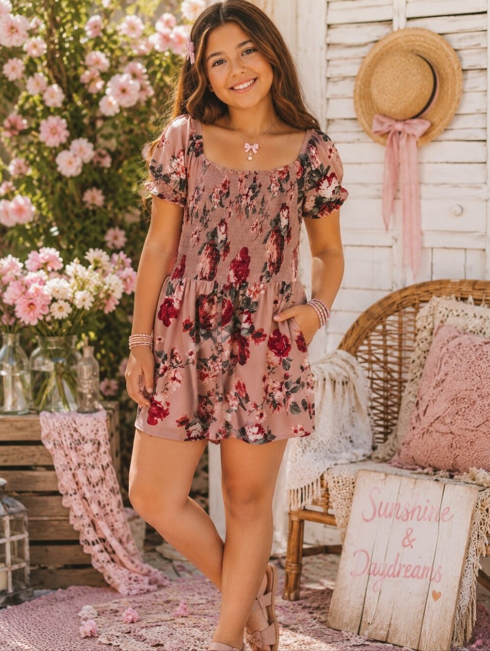 J For Justify Blush Pink Floral Smocked Romper | Girls Size XL